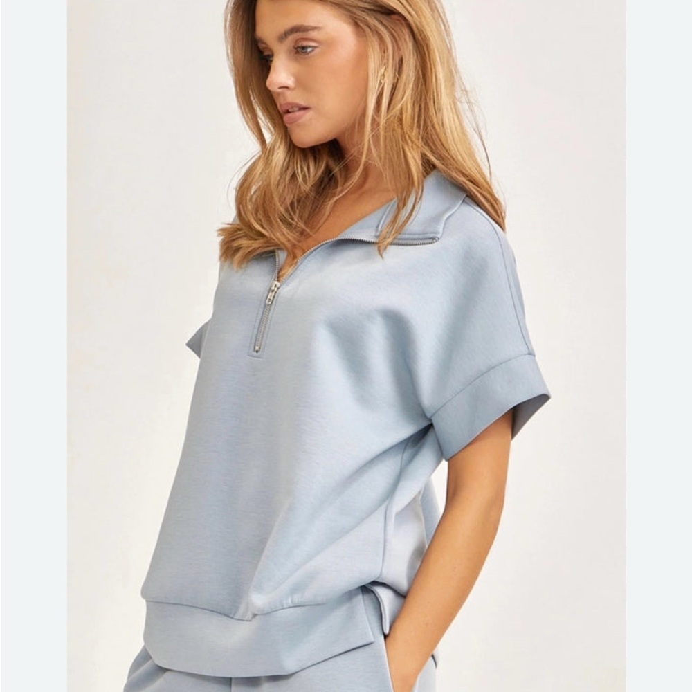 Dear Scarlett Light Blue Short Sleeve Zip-Up Top